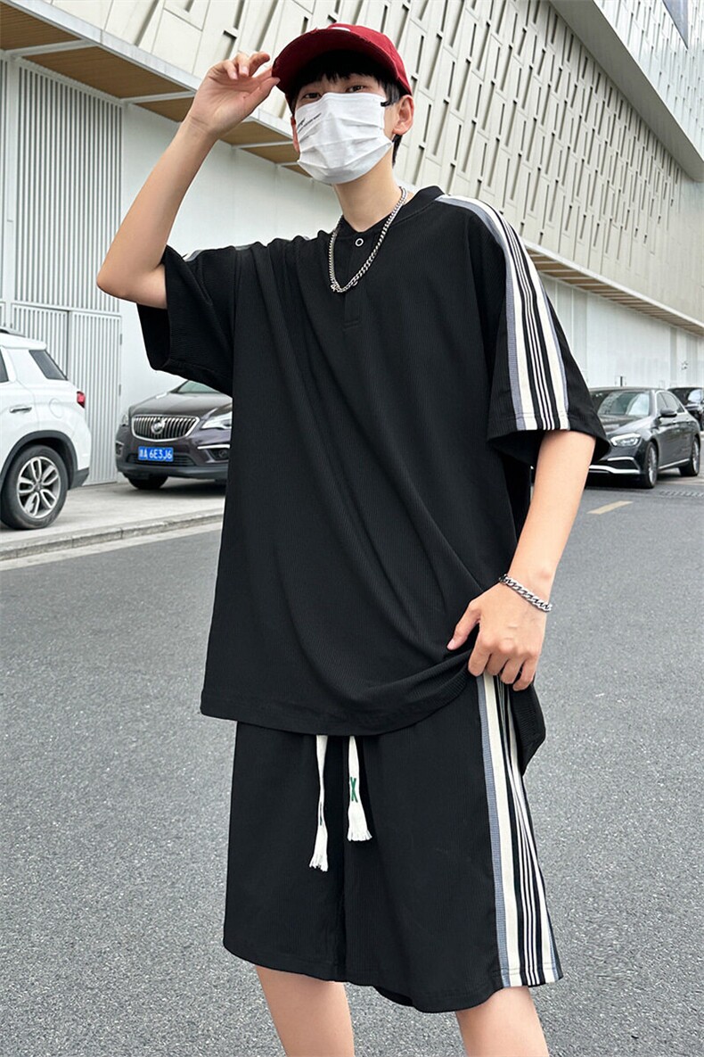 夏季现货主推大码港风情侣冰丝日系五分裤休闲运动套装S18P65,男装牛仔裤,电商B226-2（原B217-2）