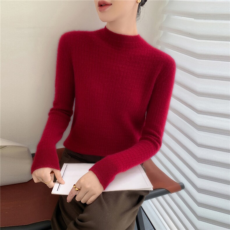 简约百搭修身羊绒衫2025秋冬女半高领纯色毛衣羊毛针织打底衫白色,女装羊绒衫,牧群羊绒