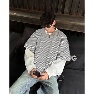 C485P45秋装假两件男装时尚宽松潮男内搭打底衫图片