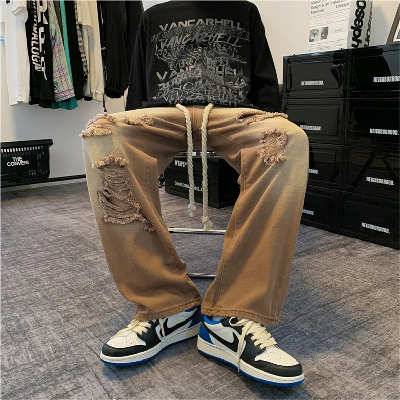 潮流破洞休闲直筒牛仔裤宽松阔复古韩版男士阔腿拖地裤N9129-p45图片