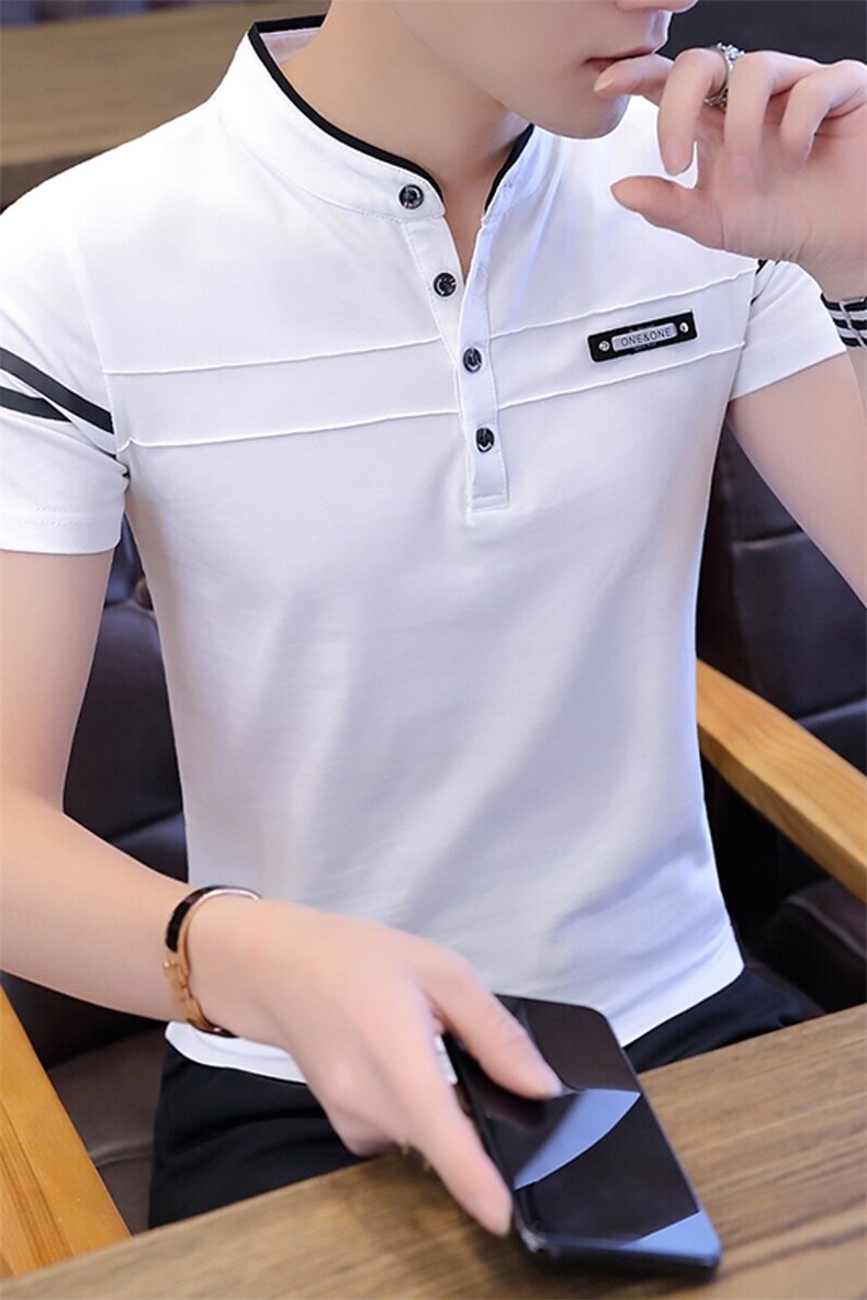 8009-P30纯棉半袖纯色立领短袖Polo衫男2025夏季薄款t恤潮流,男装T恤,电商D310B-1