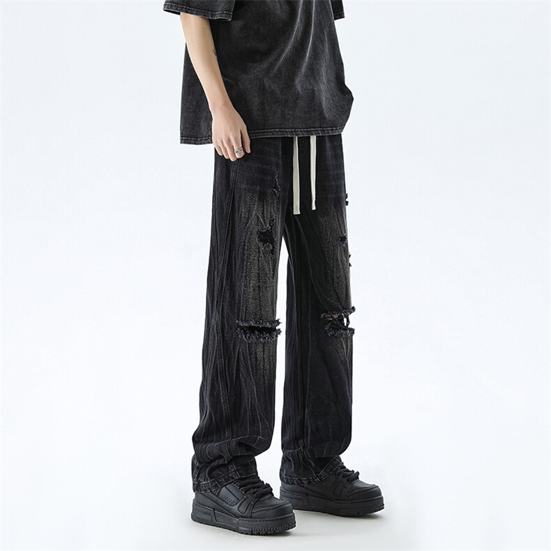 B221美式ins高街暗黑小众微喇破洞牛仔裤LK24184-P65控88,男装牛仔裤,电商B221
