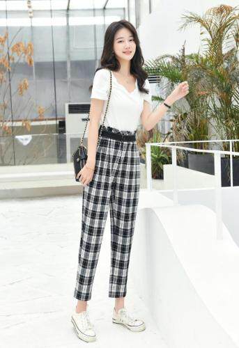 方格女裤，醋酸衬衣图片