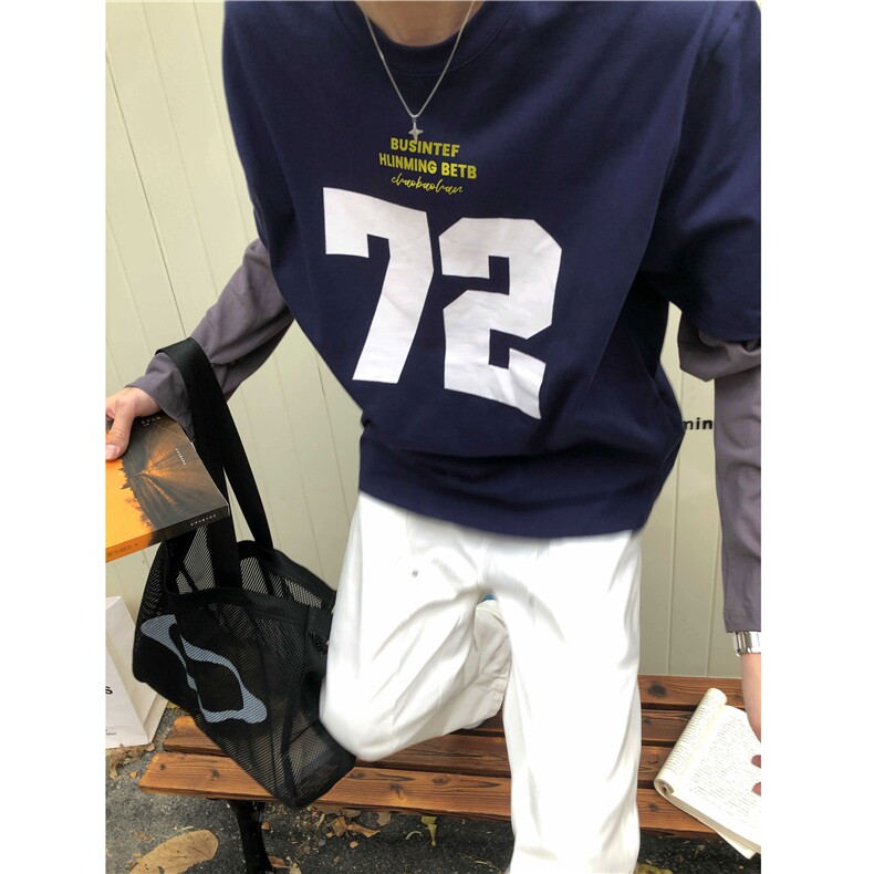 DA171-P45美式复古拼接假两件长袖T恤男秋季潮牌上衣-网图现货图片