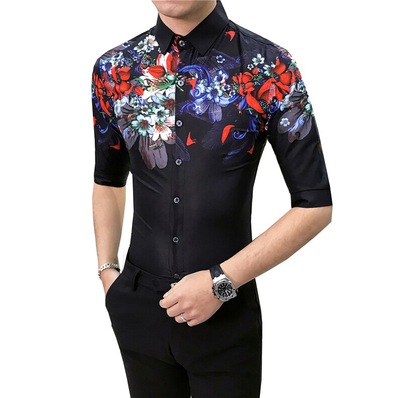 2021新款男士个性花衬衫修身七分袖夜店发型师衬衣工作服D449,男装衬衫,星座419（原A233）