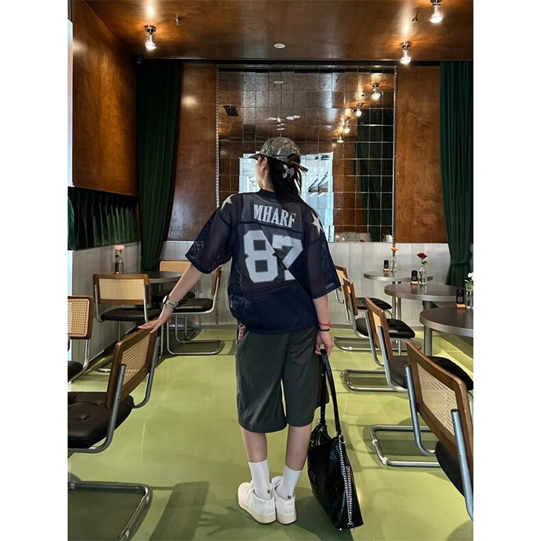 夏季藏青色87大网眼球衣美式街头复古印花球服短袖t恤男女夏季,男装T恤,星座506A