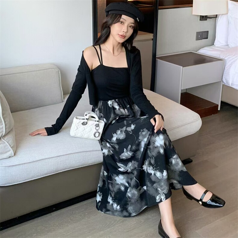 精品现货2024秋装女新款时尚气质优雅针织披肩修身吊带连衣裙套装,女装套装/套裙,煊芮熙
