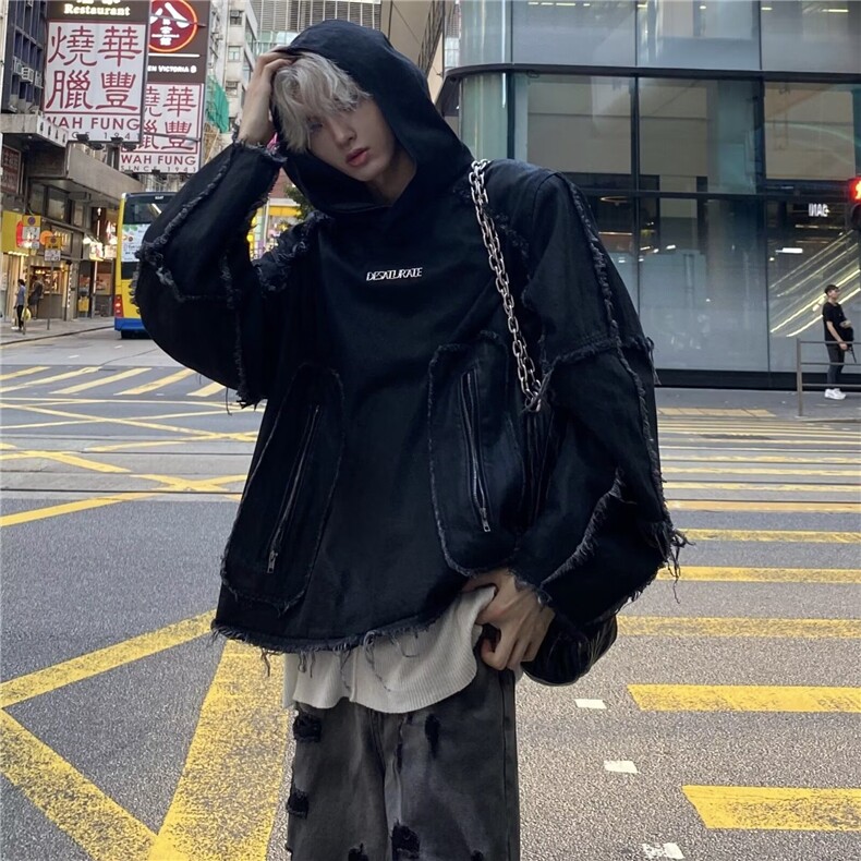 黑色设计感小众卫衣男秋冬潮牌连帽时尚炸街外套WJK33-P66,女装短外套,星座208-5