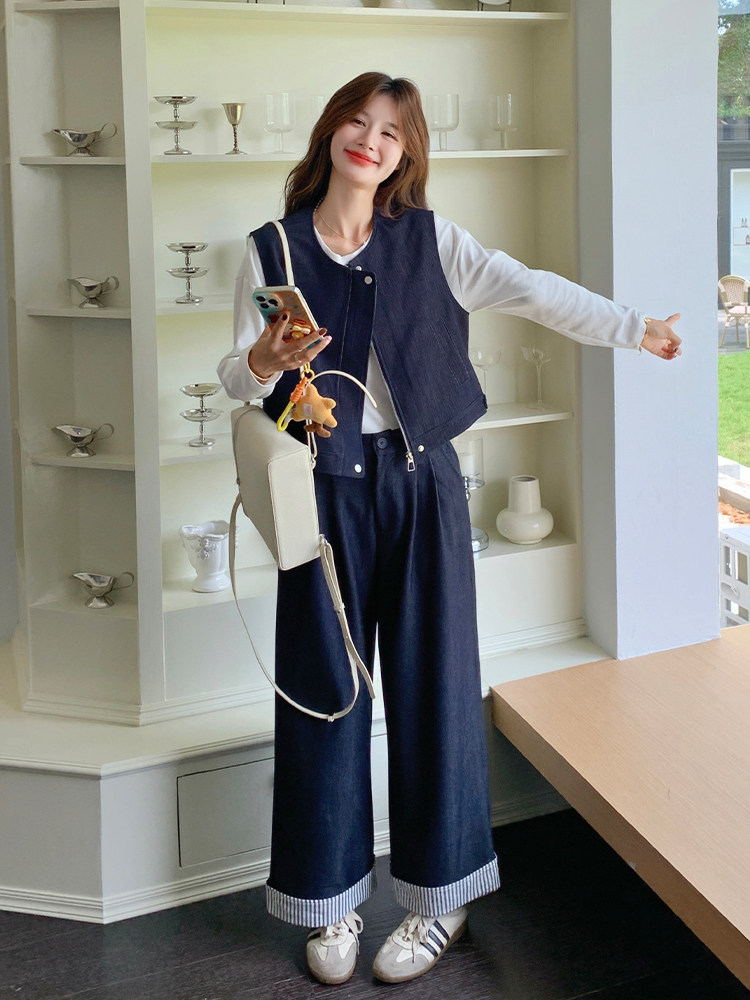 韩系松弛感套装女2025年秋季新款复古设计感马甲休闲阔腿裤两件套,女装运动套装,浙宝285（原212）