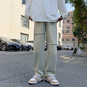 港风秋款男牛仔裤膝盖拉链破洞泥黄色直筒宽松休闲长裤NK6002 P45图片
