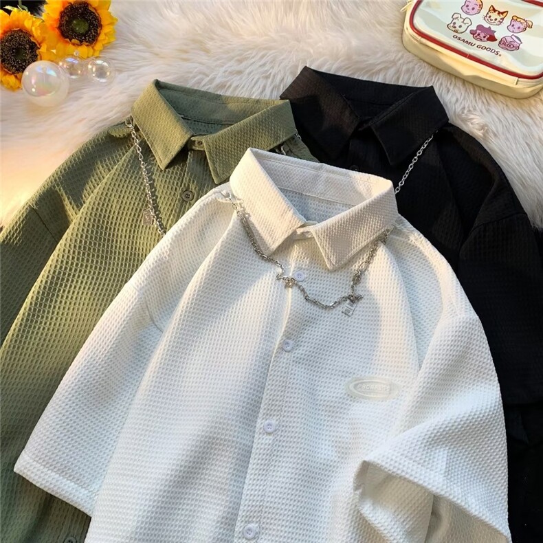 日系五分袖春夏季新款衬衫潮流慵懒男方领宽松型衬衫MC20P35图片