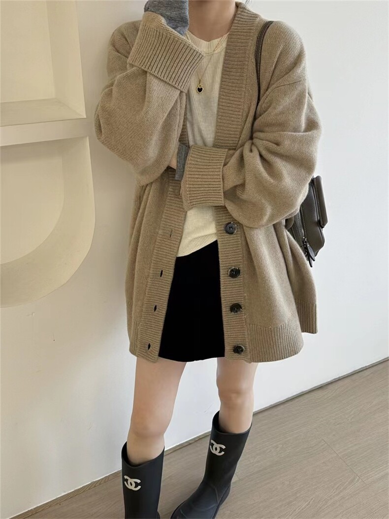 开衫女中长款V领秋冬慵懒软糯休闲宽松保暖针织衫,女装羊毛衫,恩泰羊绒