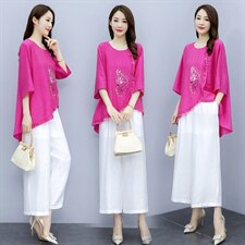 2021夏季新款简约气质圆领时尚图案刺绣宽松休闲舒适棉麻两件套，女装套装/套裙，韩宇舍