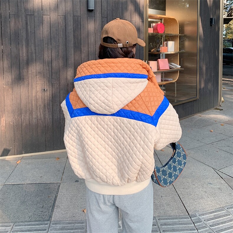 新款现货小个子撞色菱形格棉衣,女装棉衣/棉服,菡迪欧娜