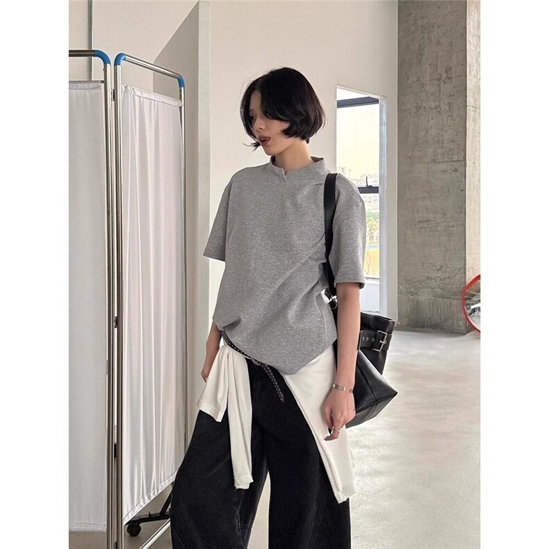灰色半高领正肩短袖t恤男女夏季新款设计感百搭上衣潮LTX122-p35,男装T恤,星座1008