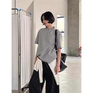 灰色半高领正肩短袖t恤男女夏季新款设计感百搭上衣潮LTX122-p35图片