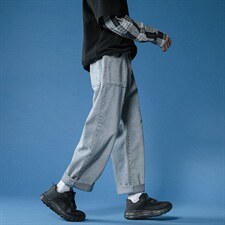 牛仔裤男直筒宽松潮流百搭韩版港风坠感阔腿帅气九分裤BK17-p35图片