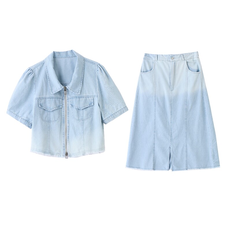 现货牛仔套装女夏季2025新款高级感显瘦遮肚子减龄半身裙两件套,商品下架区,韩然一族