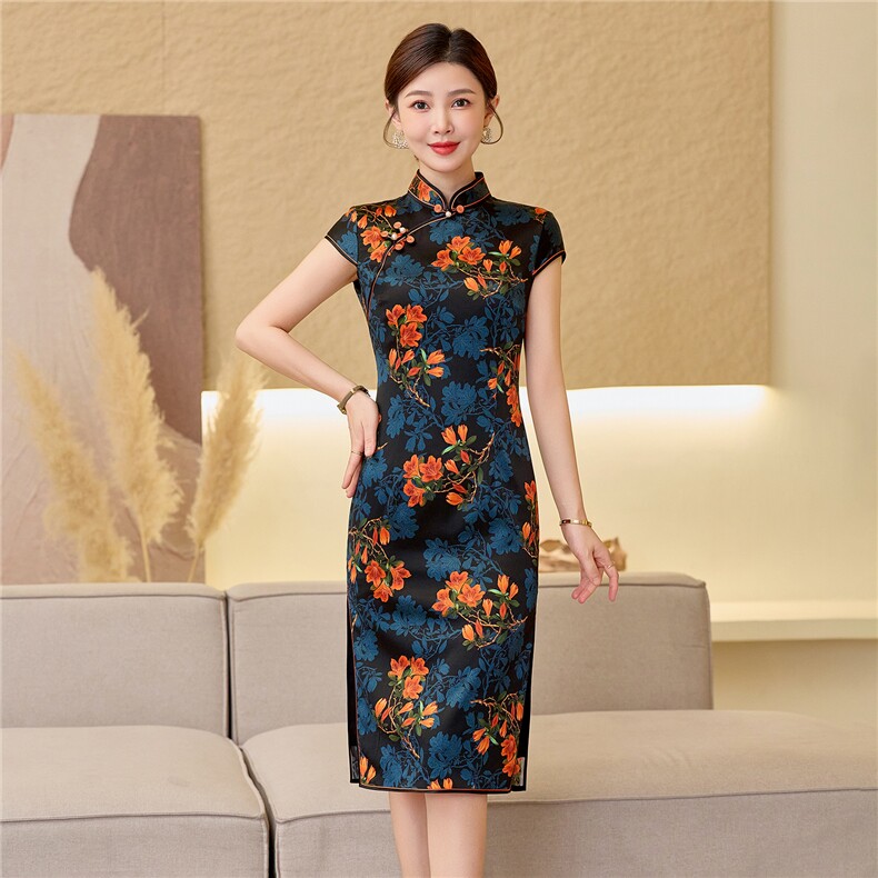 杭州品质真丝中长裙复古印花连衣裙女春夏日常修身潮流真丝旗袍,女装汉服/婚纱/旗袍/礼服,小荷流