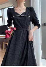 秋季新款韩版时尚修身淑女气质高雅珍珠领连衣裙，女装连衣裙，荷塘月色