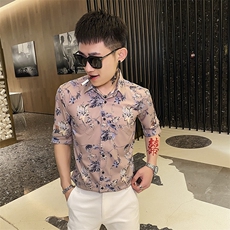 312A-191-P55新款社会小伙中袖衬衫韩版潮流男士五分袖衬衣B，男装T恤，星座312A-5