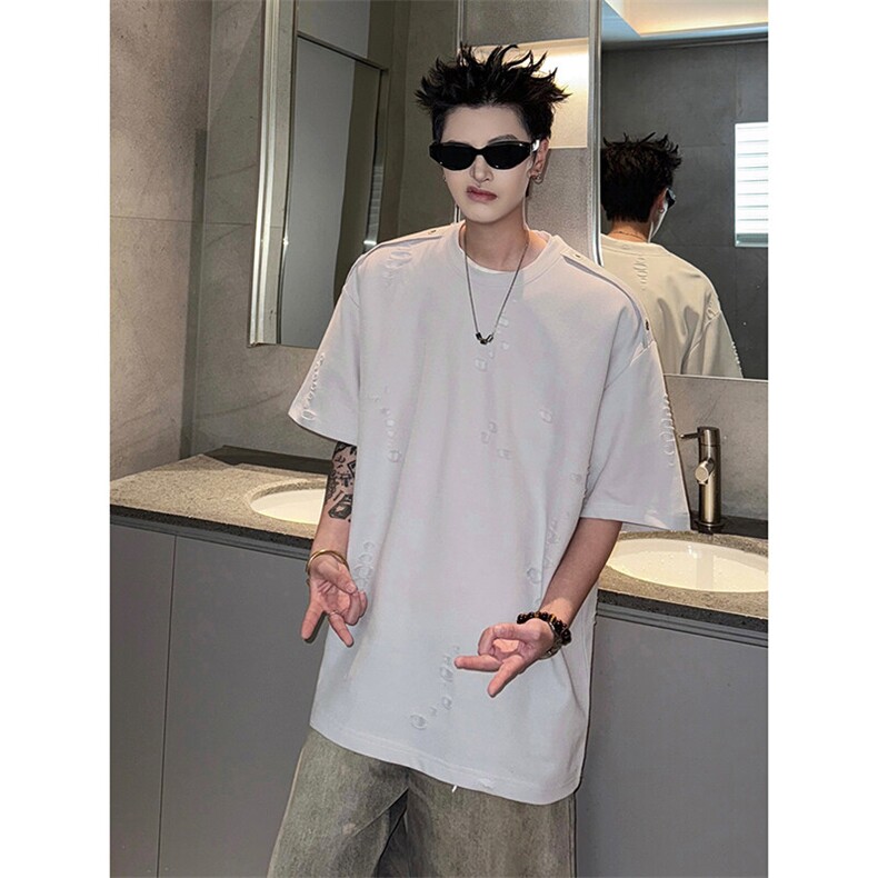 情侣款高街时尚百搭痞帅上衣美式复古高级感破洞短袖HY761TP30,男装T恤,电商A102B