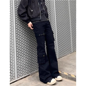 黑色绑带微喇工装牛仔裤男款cleanfit弯刀裤子直筒长裤ND781