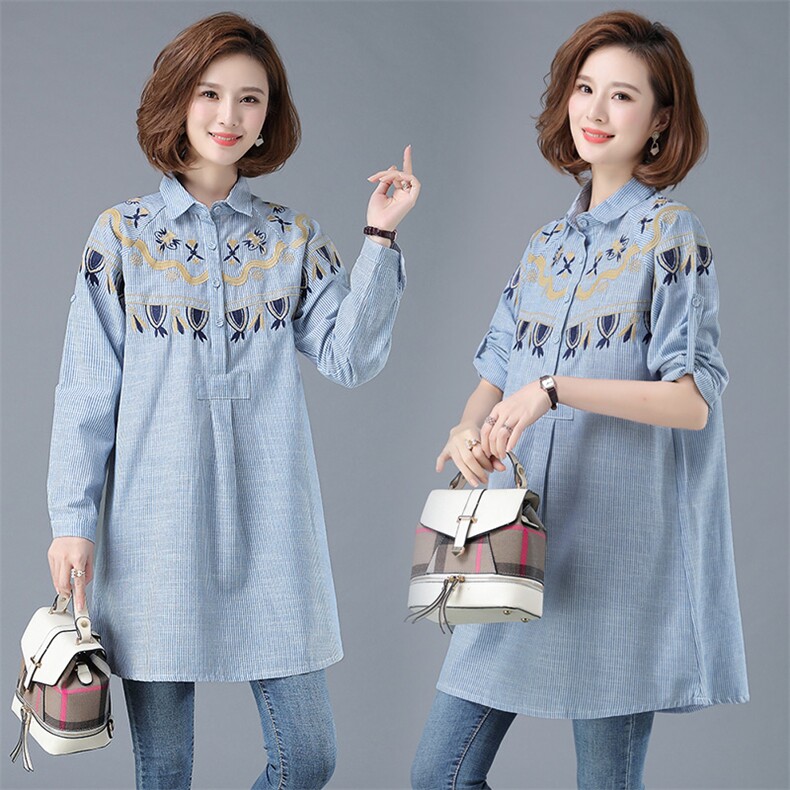 2021春秋款条纹绣花衬衫连衣裙舒适宽松百搭潮流气质优雅，女装连衣裙，小林双子