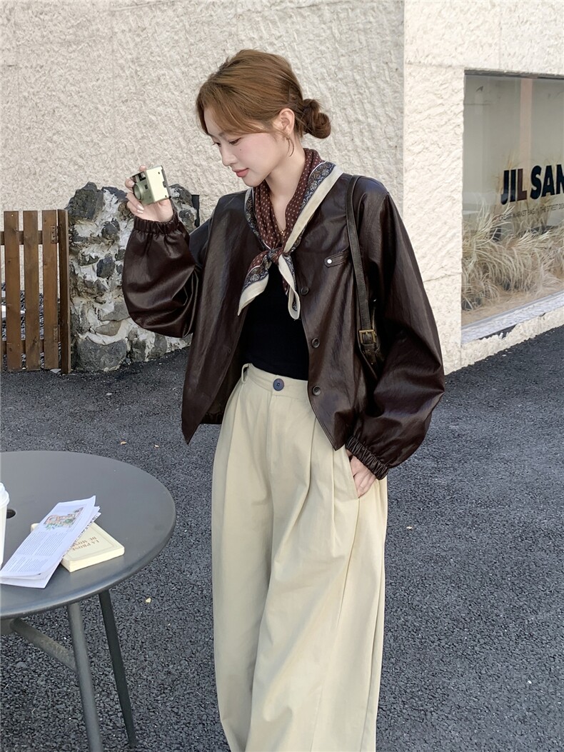 棕色复古美拉德短款皮衣外套女2025秋小个子又酷又飒圆领PU皮夹克,女装皮衣,慧尚依恋