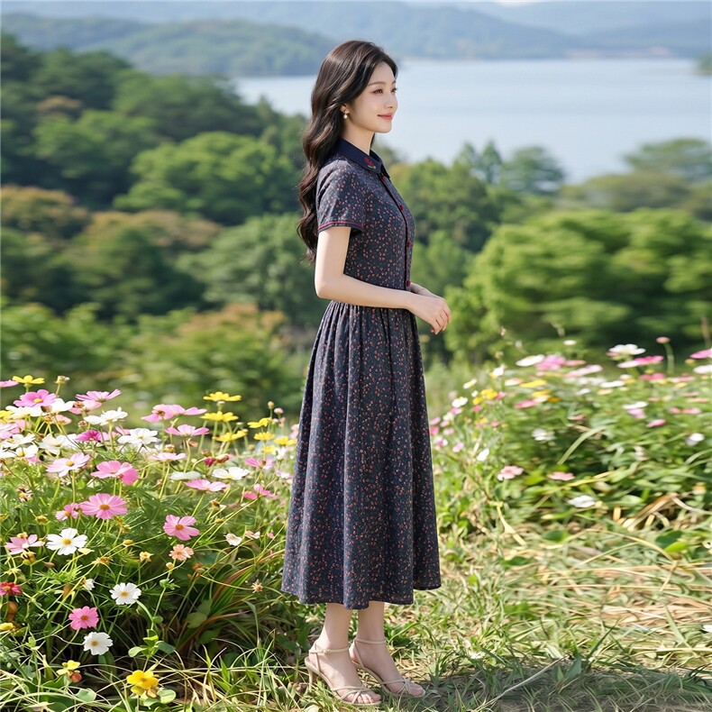田园风斜领碎花刺绣连衣裙女春夏收腰显瘦中长裙,女装连衣裙,水衣源