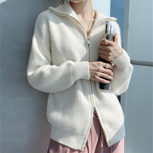 翻领双拉链100%纯羊毛开衫女高领加厚长袖毛衣宽松羊绒衫外搭上衣图片
