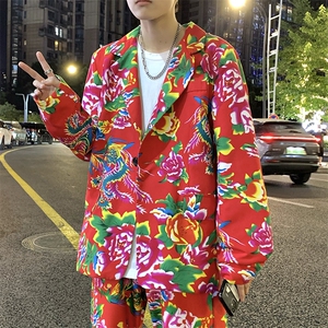XZ01秋装文艺男大码宽松西服东北大花潮牌开衫男女风特色
