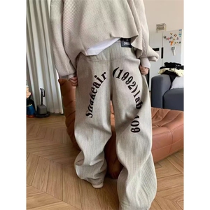 美式复古灰色百搭竖条纹字母印花宽松直筒牛仔裤男 NK161图片