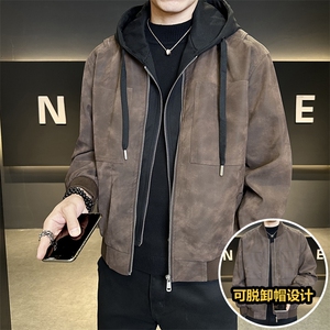 美式可脱卸连帽短款皮夹克男复古春秋棒球领美拉德机车P8801-P160图片