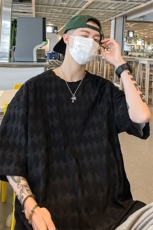 T8043/P30夏季港风宽松个性菱形格子短袖T恤男大码开叉上衣男，男装T恤，电商A141