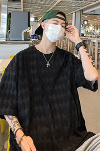 T8043/P30夏季港风宽松个性菱形格子短袖T恤男大码开叉上衣男图片