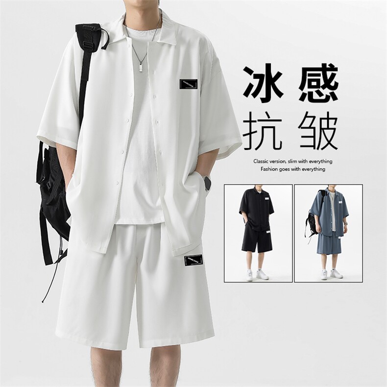 2024夏季冰丝短袖衬衫套装男薄款宽松休闲TZ005-特批-60图片