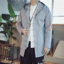 W203*中国风国潮复古夹克麒麟刺绣唐装连帽外套风衣浅灰*P95，男装风衣，星座1516（原B303）