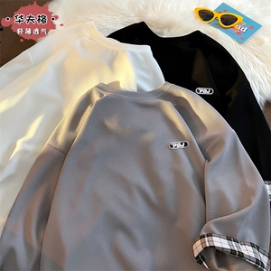 2023夏款港风大码翻边格子半袖男潮牌华夫格五分袖T恤T21006-P25图片