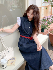 蓝色牛仔翻领连衣裙女2025年夏季新款时尚独特绝美收腰显瘦长裙子图片