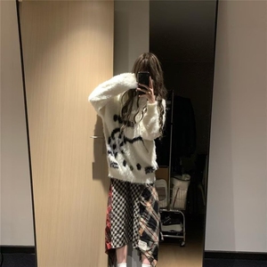 2025冬季美式慵懒毛绒小狗提花针织毛衣男女宽松保暖上衣图片