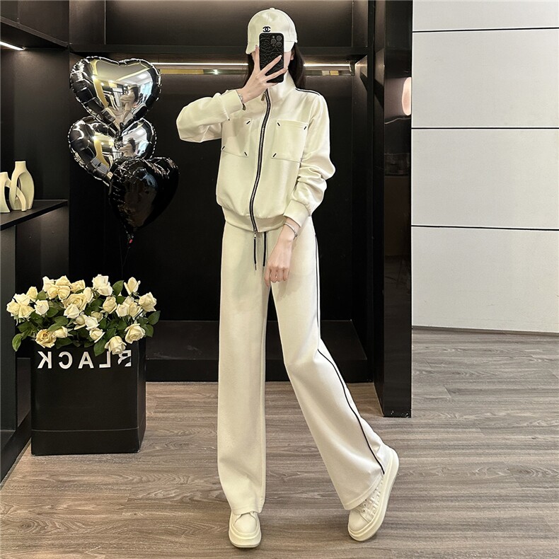 韩版休闲运动套装女早秋新款高级感显瘦立领开衫卫衣阔腿裤两件套,女装套装/套裙,江南