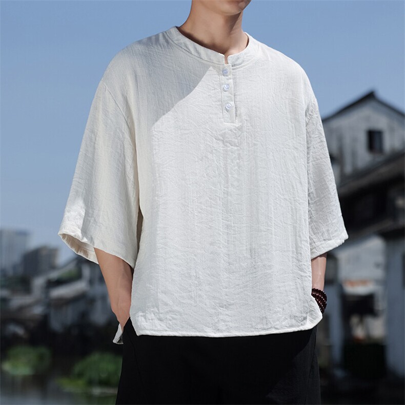 2025夏季风七分袖立领上衣盘扣休闲纯色T恤宽松大码T2510-P60,男装T恤,电商A008