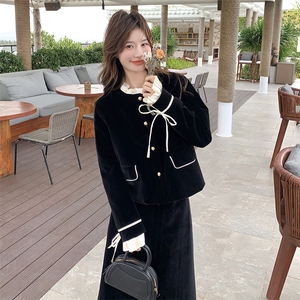 法式小香风丝绒套装裙女2025年春季新款蝴蝶结短外套半身裙两件套图片