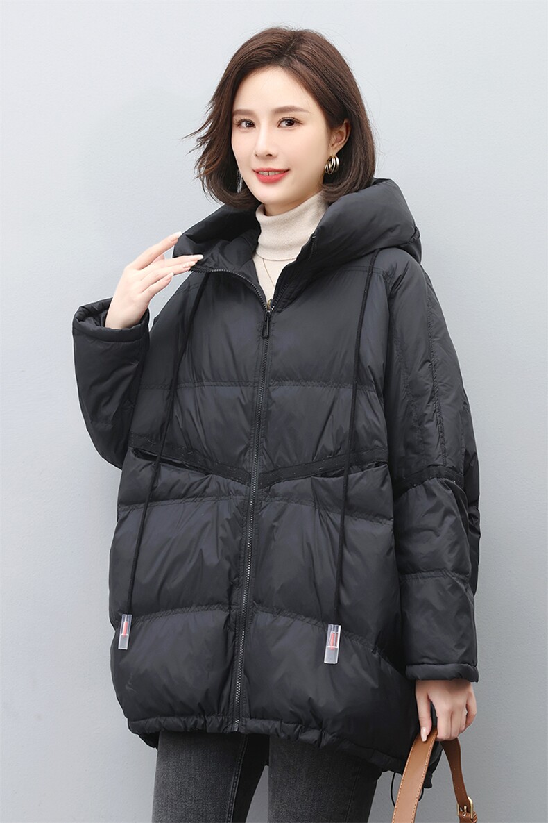 叶笙衣6266宽松连帽抽绳拼接羽绒服,女装羽绒服,叶笙衣