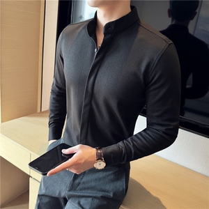 主推款~加厚磨毛保暖毛呢衬衫男士立领暗条纹衬衣深灰色C6657-P73图片