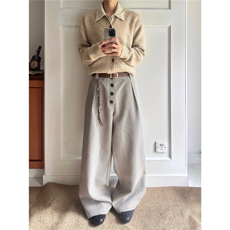 美式复古千鸟格排扣字休闲西裤男女款秋季垂感裤子宽松XK392,男装西裤,星座208-5