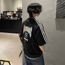 抖音得物高品质二开240克宽松纯棉美式潮牌三条杠织带短袖T恤，男装T恤，电商A486-1