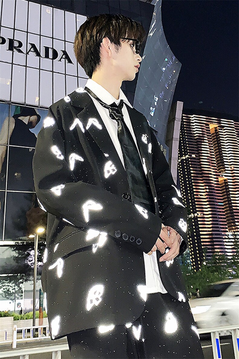 港风秋季反光蝴蝶印花西装男秋季宽松大码西服A090-TZ10P90限128,男装西服套装,电商A089-1