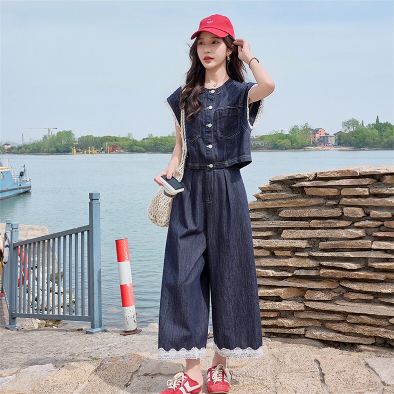 夏季淡人时尚减龄阔腿裤两件套潮女2025法式轻奢蕾丝拼接牛仔套装,女装套装/套裙,凯瑟曼